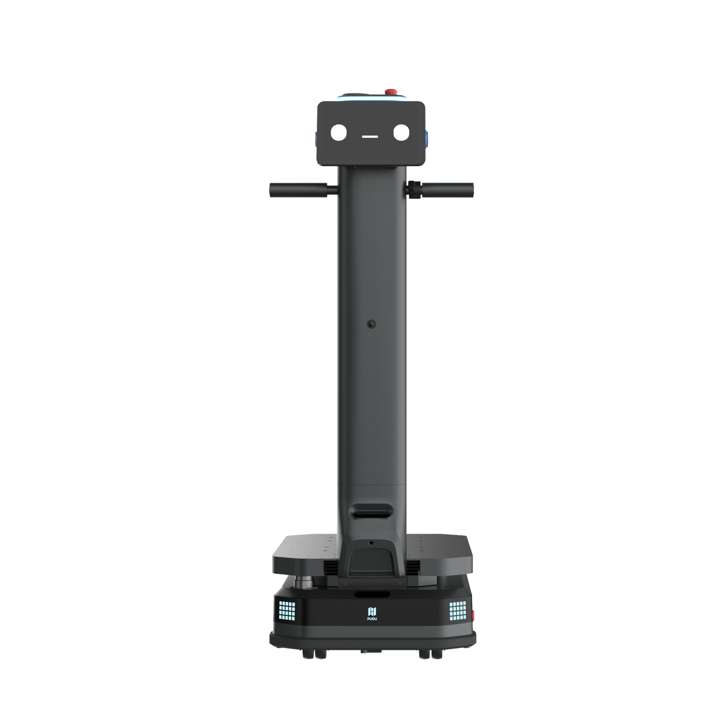 Frontansicht des schwarzen Pudu T600 Industrie-Roboters mit digitalem Display-Gesicht für Logistikprozesse