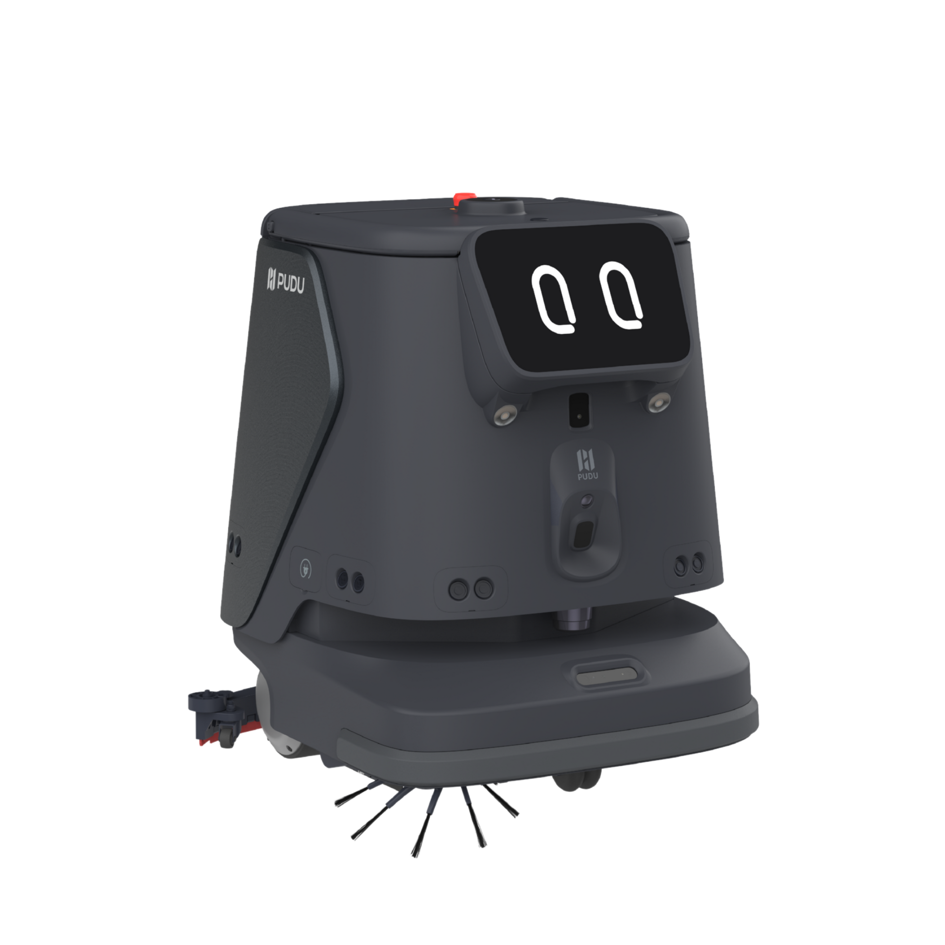 Schwarzer Pudu CC1 Pro Reinigungsroboter in der Front-Seitenansicht mit freigestelltem digitalem Display und rotierender Kehrbürste