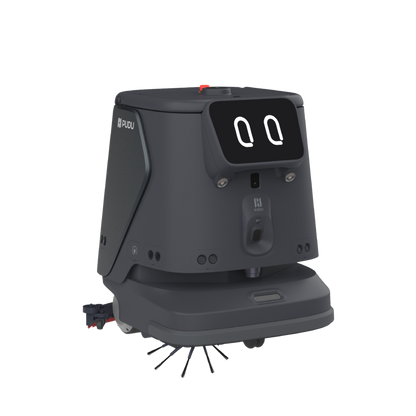 Schwarzer Pudu CC1 Pro Reinigungsroboter in der Front-Seitenansicht mit freigestelltem digitalem Display und rotierender Kehrbürste