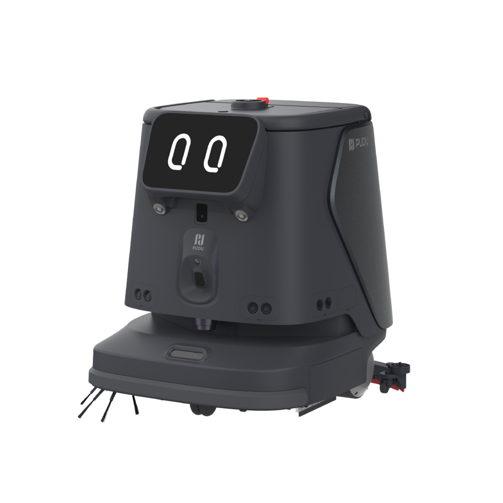 Schwarzer Pudu CC1 Pro Reinigungsroboter in der Seitenansicht mit freigestelltem digitalem Display und rotierender Kehrbürste
