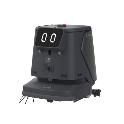 Schwarzer Pudu CC1 Pro Reinigungsroboter in der Seitenansicht mit freigestelltem digitalem Display und rotierender Kehrbürste