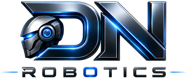Futuristisches Firmenlogo von DN Robotics mit metallischen 3D-Buchstaben, integriertem Roboterhelm und blauen Neon-Leuchteffekten auf transparentem Hintergrund