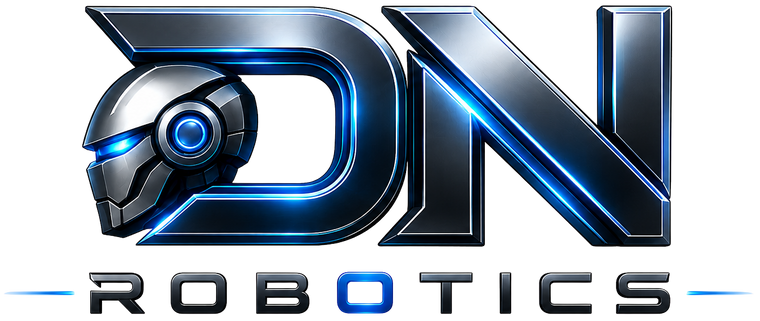 Futuristisches Firmenlogo von DN Robotics mit metallischen 3D-Buchstaben, integriertem Roboterhelm und blauen Neon-Leuchteffekten auf transparentem Hintergrund