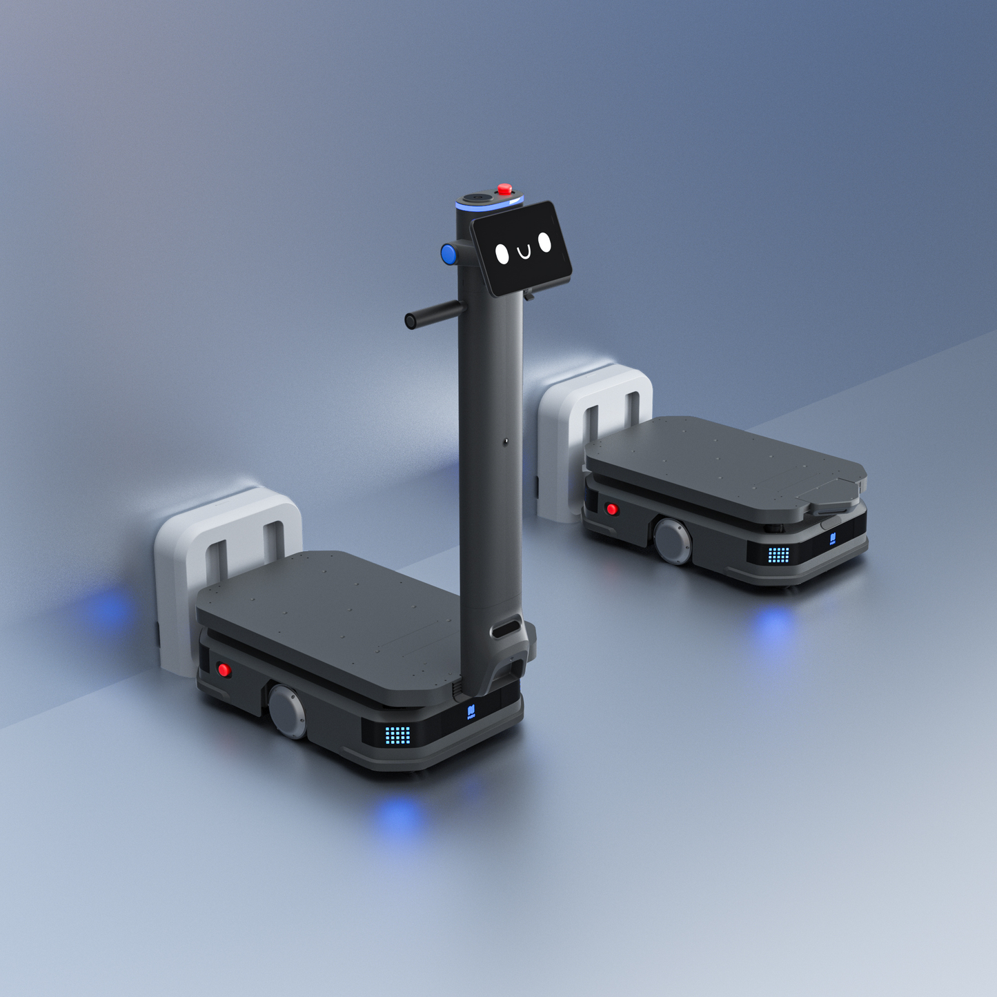 Pudu T300 oder T600 Industrie-Roboter beim automatischen Ladevorgang an Wand-Ladestationen in einer modernen Logistik-Umgebung