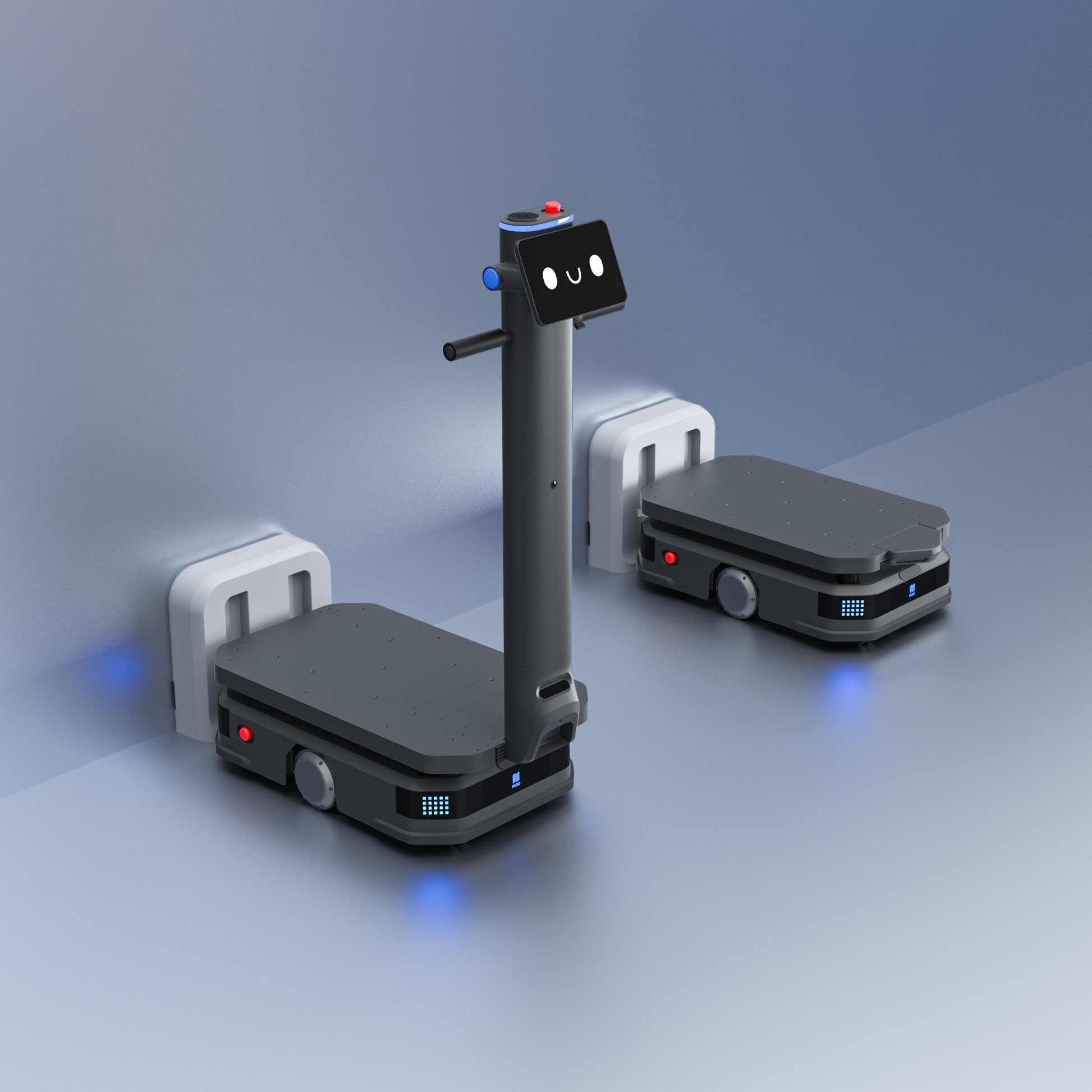 Pudu T300 oder T600 Industrie-Roboter beim automatischen Ladevorgang an Wand-Ladestationen in einer modernen Logistik-Umgebung