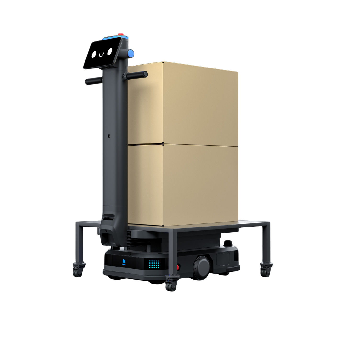 Pudu T300 oder T600 Industrie-Roboter mit Hubvorrichtung beim Unterfahren und Anheben eines Transportgestells mit Kartons für die Intralogistik