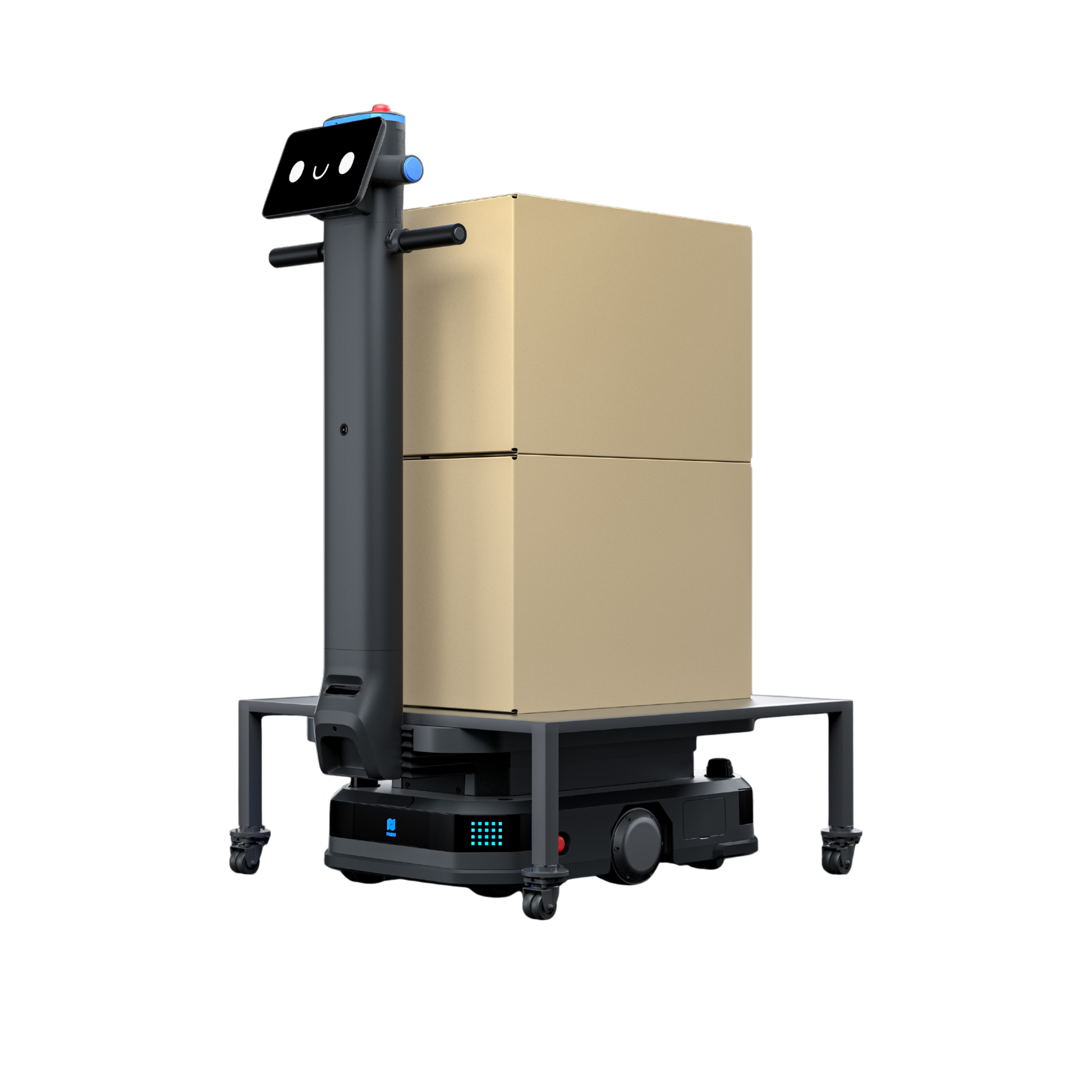 Pudu T300 oder T600 Industrie-Roboter mit Hubvorrichtung beim Unterfahren und Anheben eines Transportgestells mit Kartons für die Intralogistik
