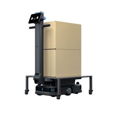 Pudu T300 oder T600 Industrie-Roboter mit Hubvorrichtung beim Unterfahren und Anheben eines Transportgestells mit Kartons für die Intralogistik