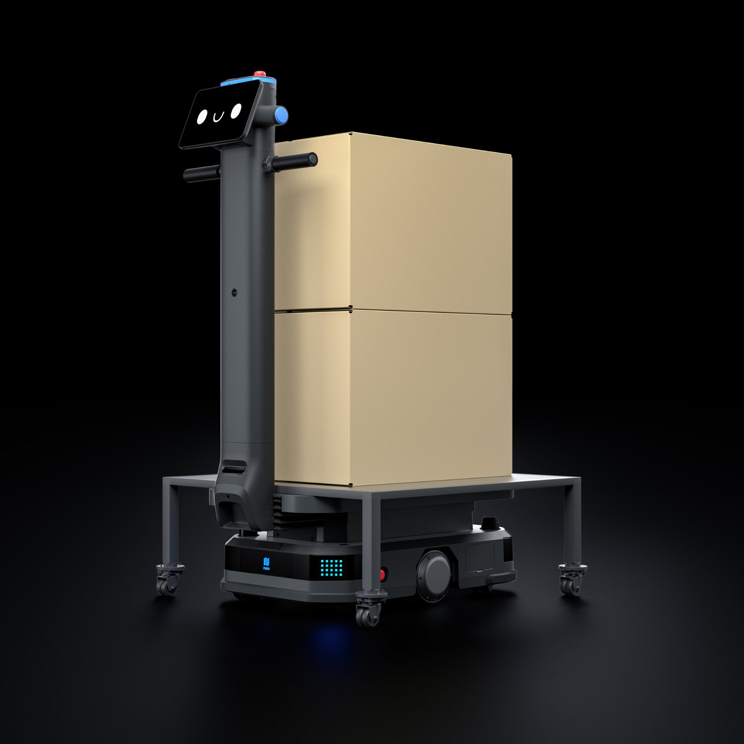 Pudu T300 oder T600 Industrie-Roboter mit Hubvorrichtung beim Anheben eines Transportgestells mit Kartons vor schwarzem Hintergrund mit Bodenschatten