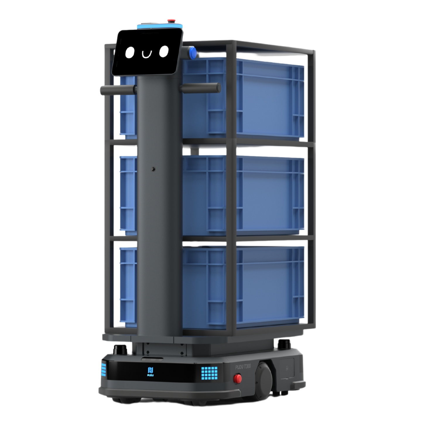 Schwarzer Pudu T300 Industrie-Roboter mit mehrstöckigem Regalsystem und blauen Transportboxen für die Intralogistik