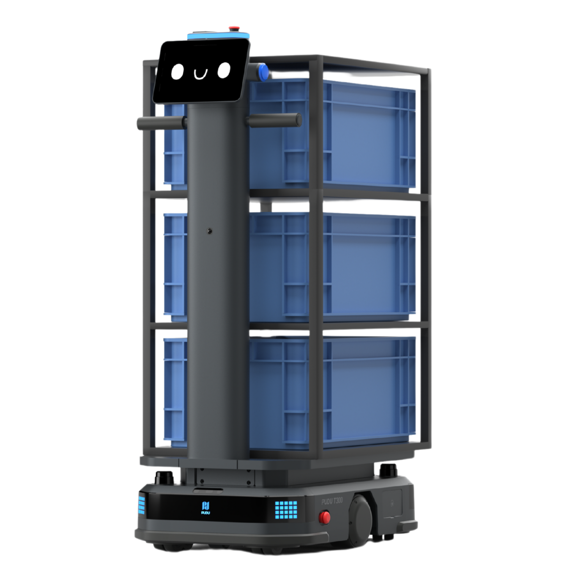 Schwarzer Pudu T300 Industrie-Roboter mit mehrstöckigem Regalsystem und blauen Transportboxen für die Intralogistik