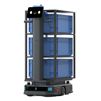 Schwarzer Pudu T300 Industrie-Roboter mit mehrstöckigem Regalsystem und blauen Transportboxen für die Intralogistik