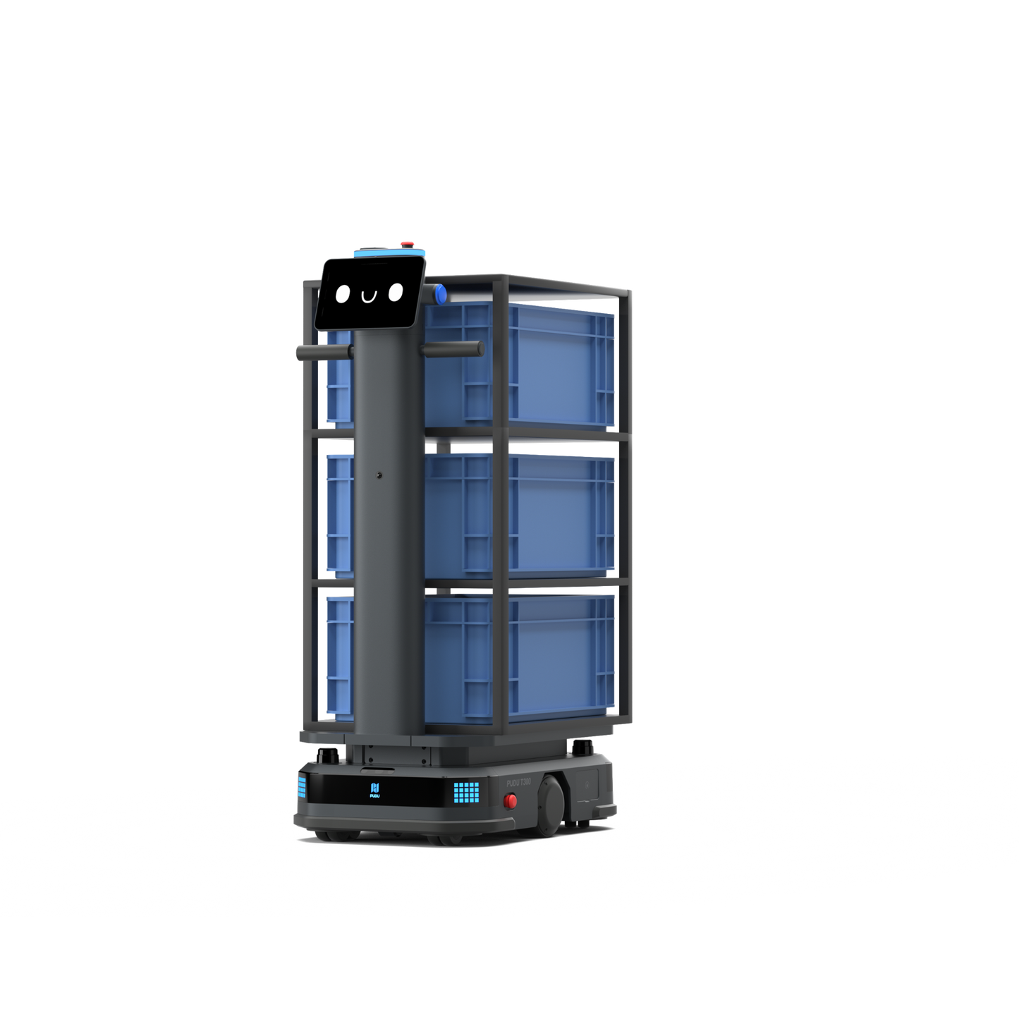 Schwarzer Pudu T300 Industrie-Roboter mit Regalsystem, blauen Transportboxen und Bodenschatten für die effiziente Intralogistik