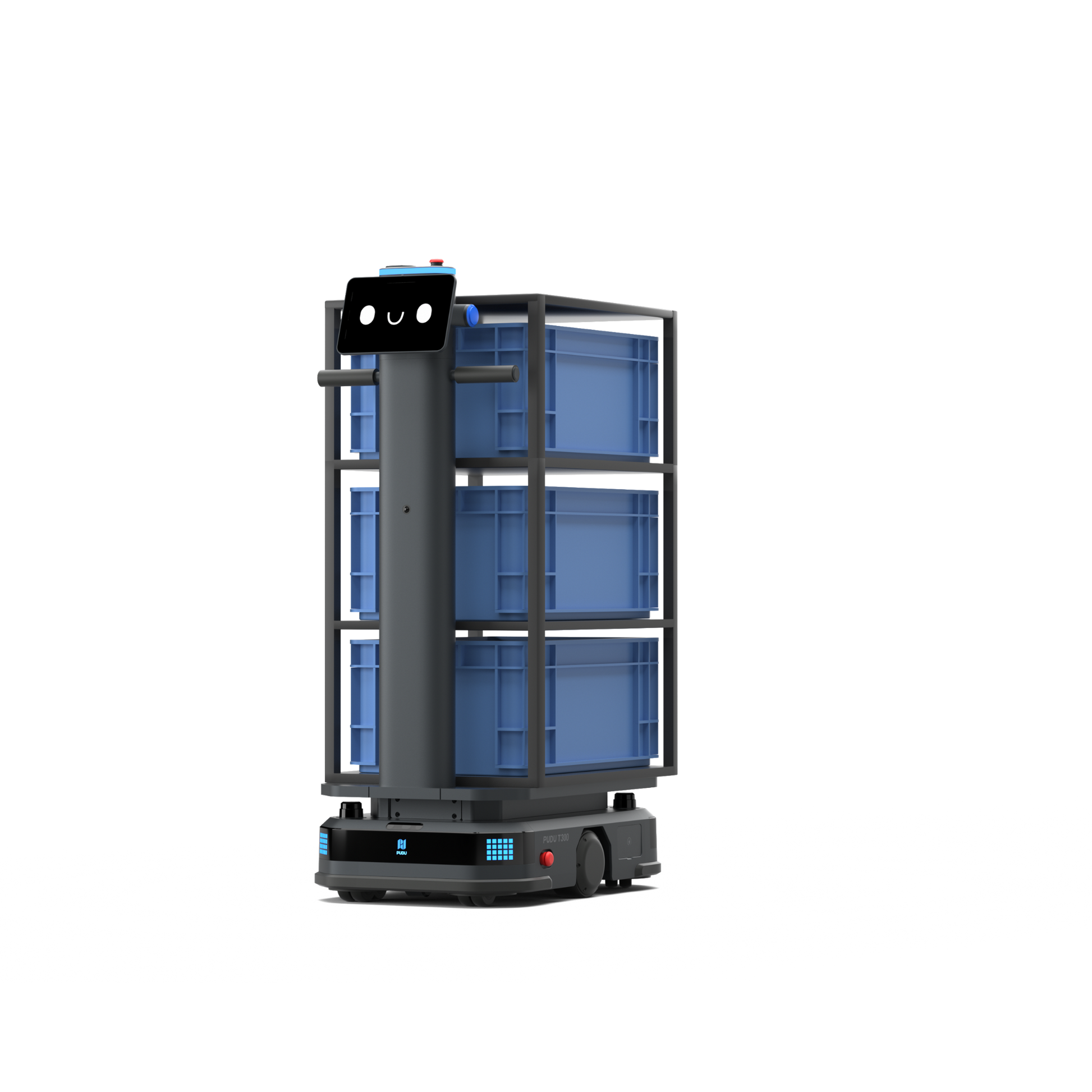 Schwarzer Pudu T300 Industrie-Roboter mit Regalsystem, blauen Transportboxen und Bodenschatten für die effiziente Intralogistik