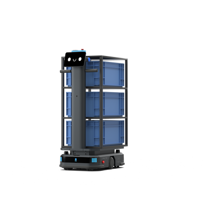 Schwarzer Pudu T300 Industrie-Roboter mit Regalsystem, blauen Transportboxen und Bodenschatten für die effiziente Intralogistik