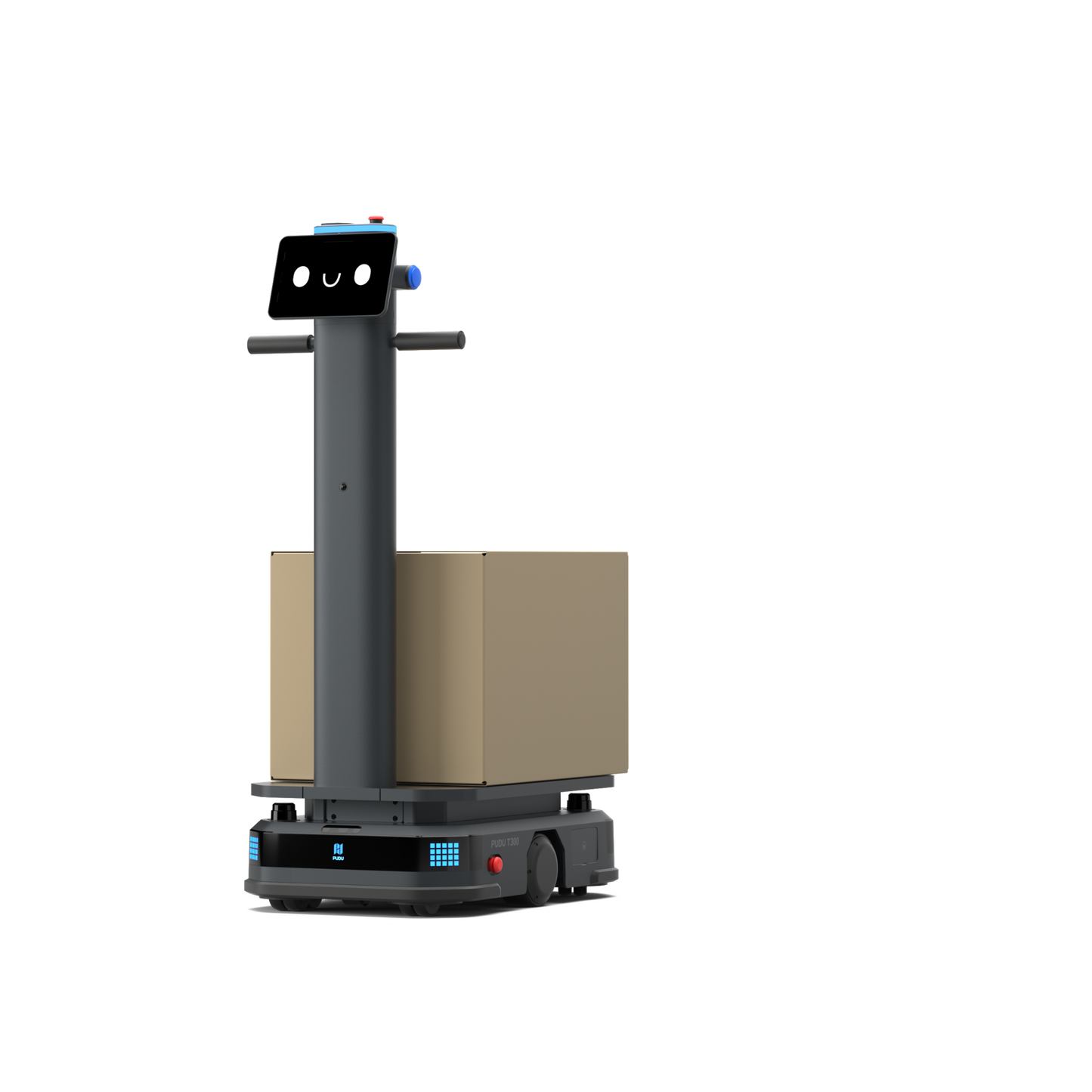 Schwarzer Pudu T300 Industrie-Roboter beim Transport eines Pakets mit Bodenschatten für den automatisierten Materialfluss