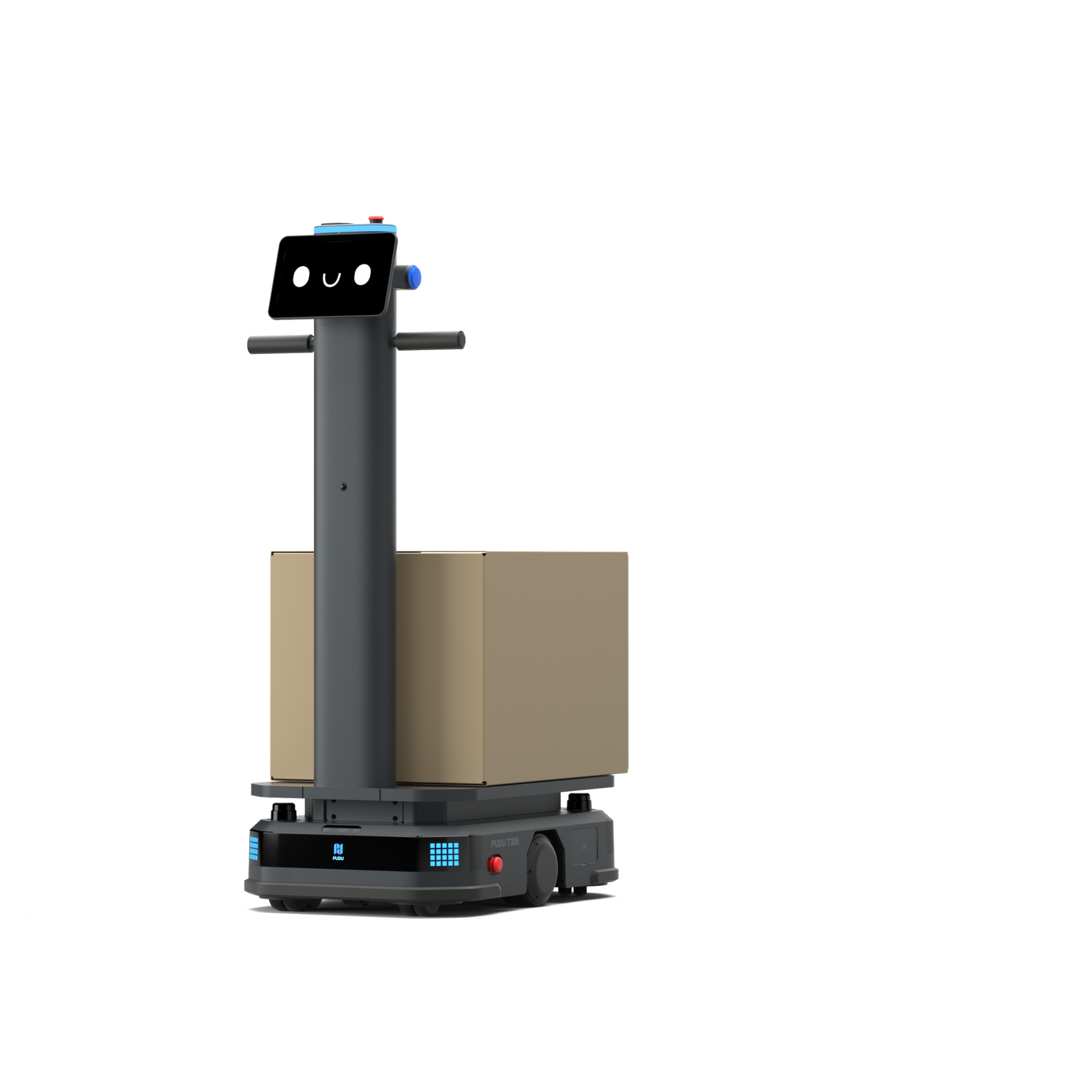 Schwarzer Pudu T300 Industrie-Roboter beim Transport eines Pakets mit Bodenschatten für den automatisierten Materialfluss