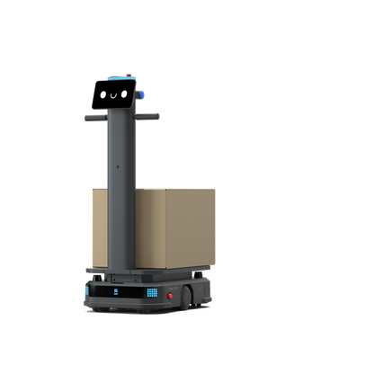 Schwarzer Pudu T300 Industrie-Roboter beim Transport eines Pakets mit Bodenschatten für den automatisierten Materialfluss