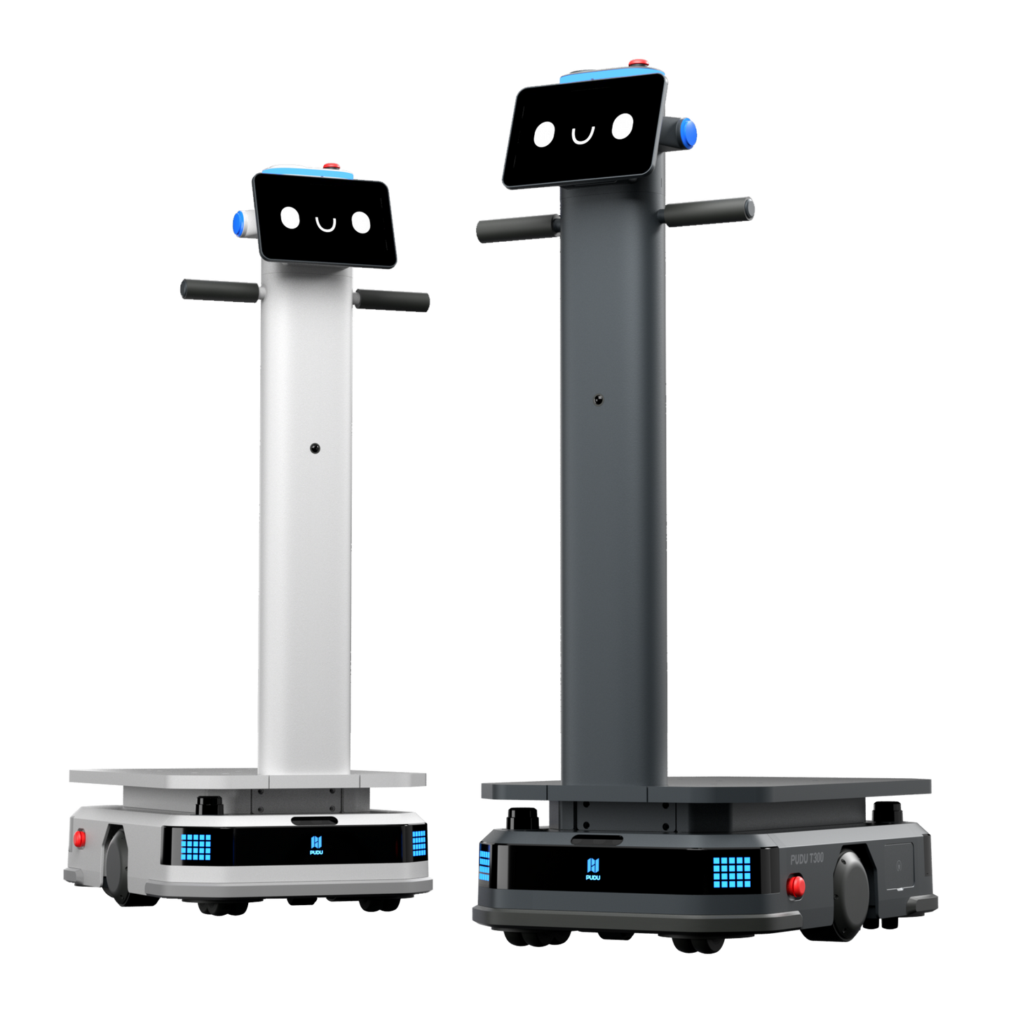 Pudu T300 Industrie-Roboter im Farbvergleich zwischen der weißen und schwarzen Modellausführung für die automatisierte Logistik