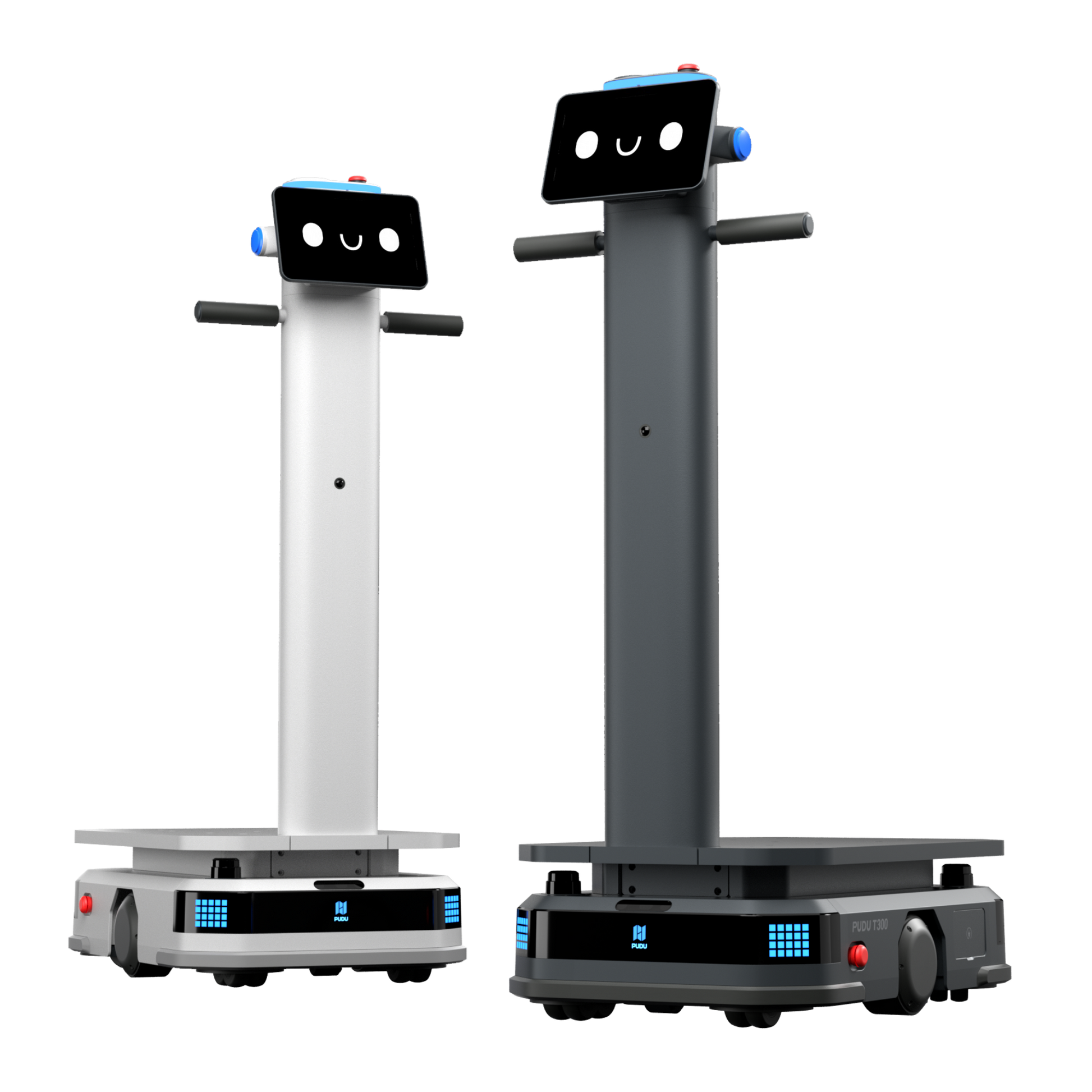 Pudu T300 Industrie-Roboter im Farbvergleich zwischen der weißen und schwarzen Modellausführung für die automatisierte Logistik