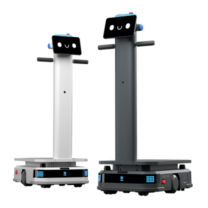 Pudu T300 Industrie-Roboter im Farbvergleich zwischen der weißen und schwarzen Modellausführung für die automatisierte Logistik