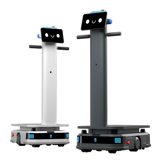 Pudu T300 Industrie-Roboter im Farbvergleich zwischen der weißen und schwarzen Modellausführung für die automatisierte Logistik