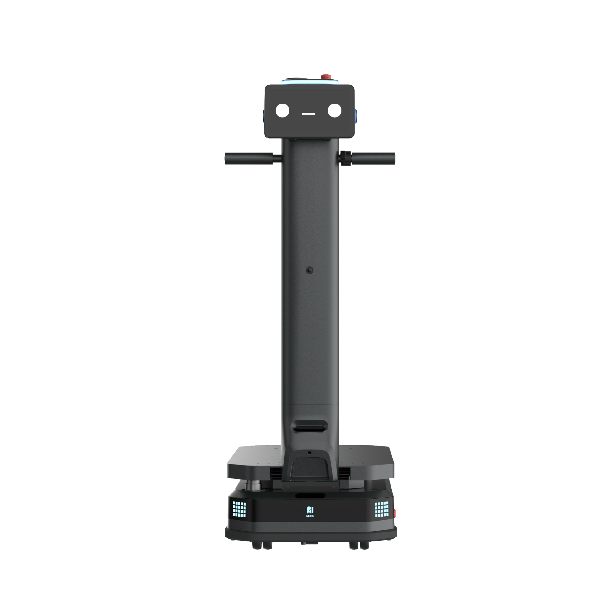 Frontansicht des schwarzen Pudu T600 Industrie-Roboters mit digitalem Display-Gesicht für Logistikprozesse