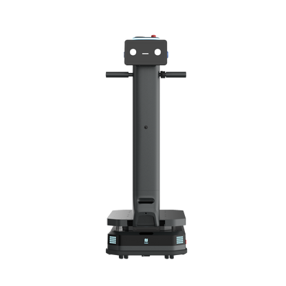 Frontansicht des schwarzen Pudu T600 Industrie-Roboters mit digitalem Display-Gesicht für Logistikprozesse