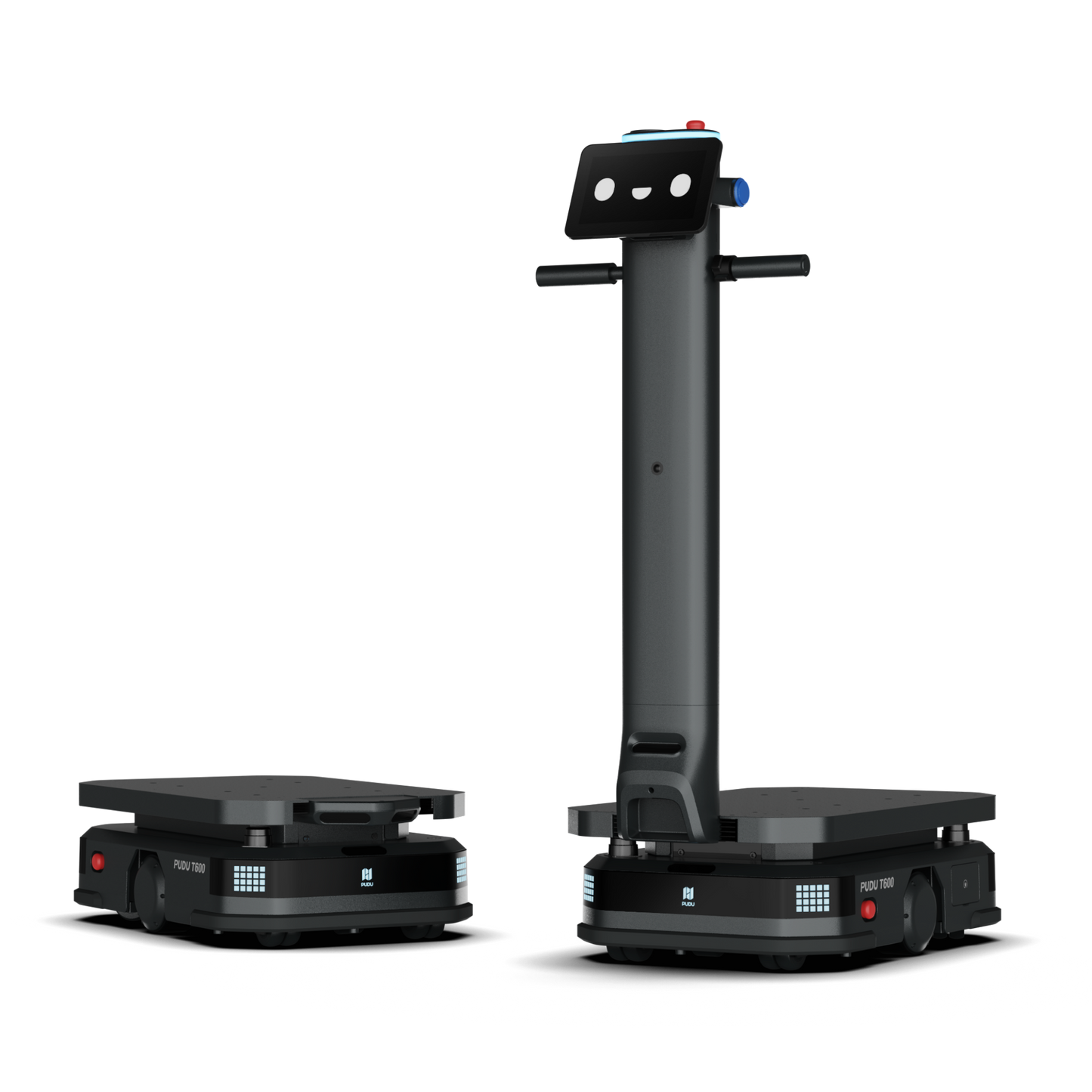 Schwarzer Pudu T600 Industrie-Roboter mit Underride-Modul und separater Basiseinheit mit Bodenschatten für moderne Intralogistik