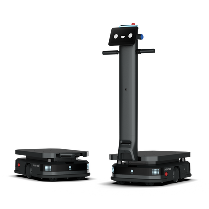 Schwarzer Pudu T600 Industrie-Roboter mit Underride-Modul und separater Basiseinheit mit Bodenschatten für moderne Intralogistik