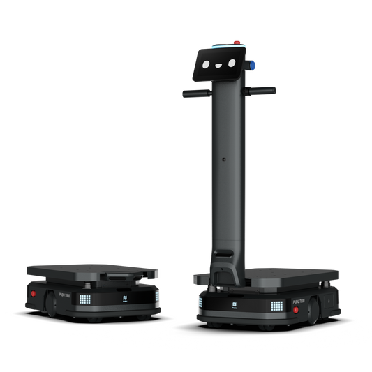 Schwarzer Pudu T600 Industrie-Roboter mit Underride-Modul und separater Basiseinheit mit Bodenschatten für moderne Intralogistik